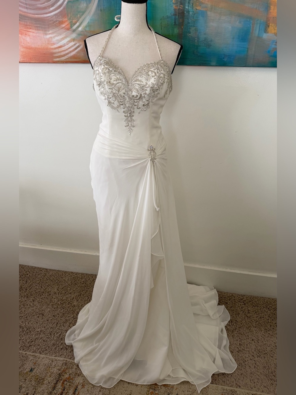 Allure Bridals NWT Embellished Halter Ivory Chiffon Wedding Gown Small Blemish 6